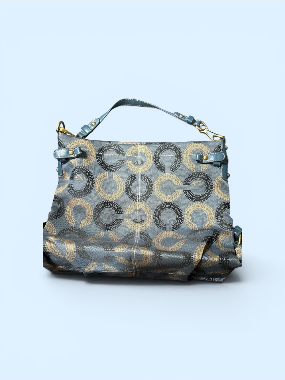 Coach Blue Canvas Tote with Gold & Black 'C' Logo Print